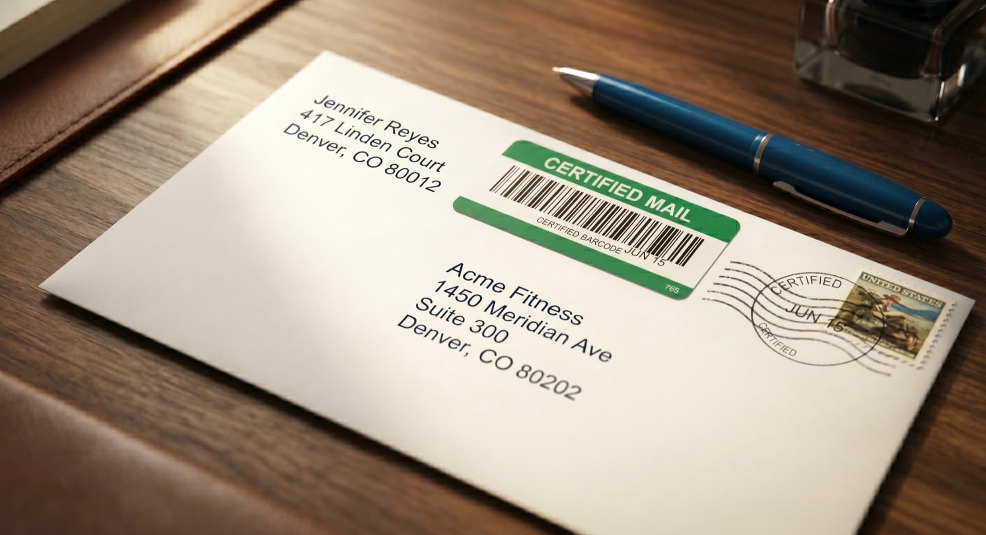 A Certified Mail letter on a desk β a green USPS certified label, postmark, and stamp β addressed from an individual to a business.